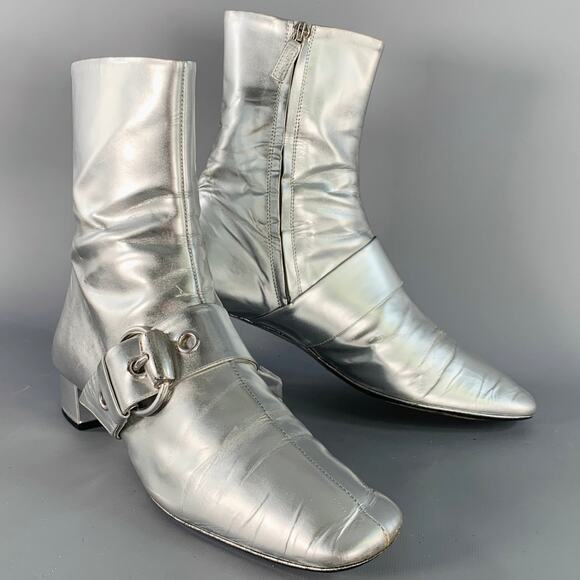 GUCCI Size 8.5 Metallic Silver Leather Side Zipper Ankle Boots - Picture 1 of 8